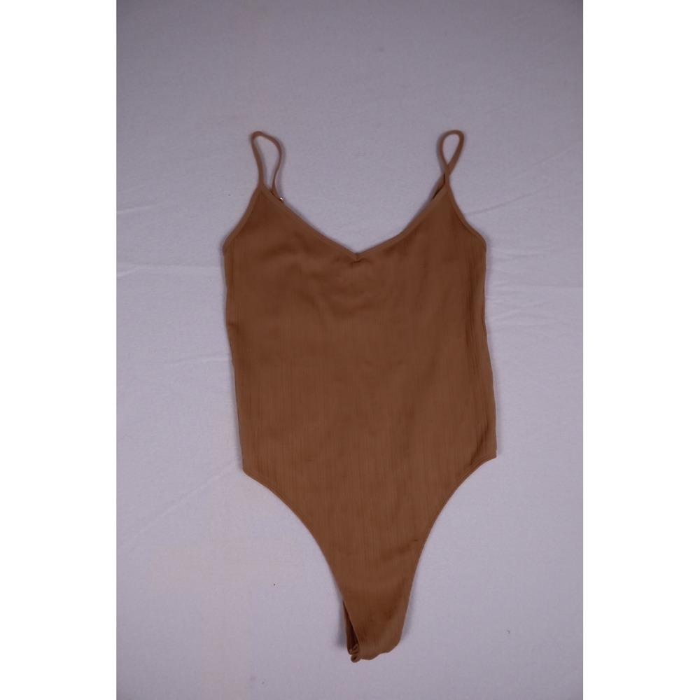 Forever 21 Womens Ribbed V-Neck Bodysuit Blush Tan Adjustable Straps M/L New